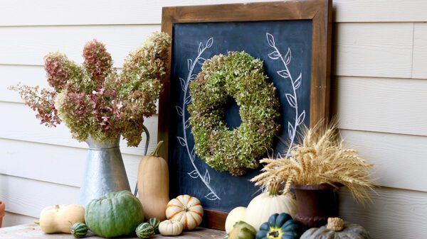 Dried hydrangea blooms formed into a wreath on a wall next to a vase with cut hydrangea stems and blooms