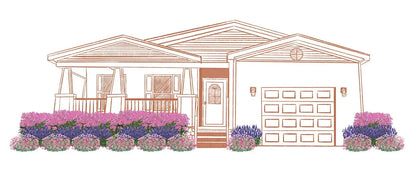 A simple house outline drawing with a front porch, garage door, small windows, and rows of pink and purple shrubs along the front, shown on a plain white background - Photo Courtesy of Walters Gardens, Inc.
