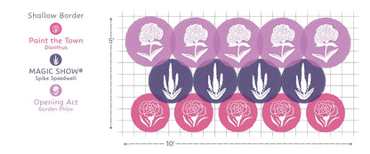 A product layout diagram showing a square garden bed design with rows of circular flower pots. The top row is lavender-purple, the middle row is dark purple, and the bottom row is pink, each with white floral motifs - Photo Courtesy of Walters Gardens, Inc.
