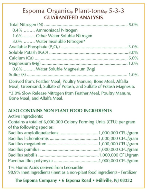 chart from the back of a espoma plant-tone bag