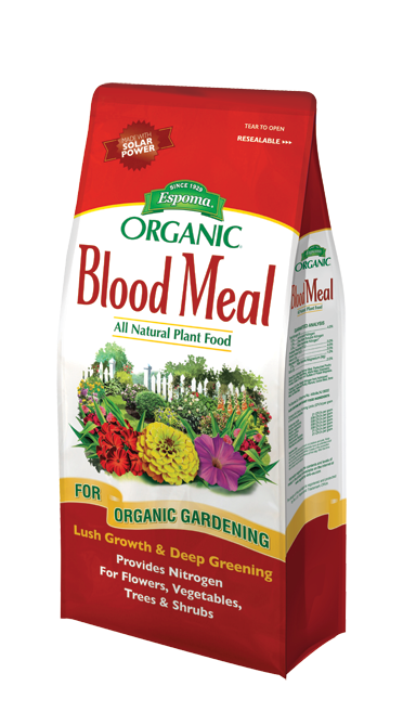 A red and green bag of Espoma® Organic® Blood Meal fertilizer labeled All Natural Plant Food for organic gardening, featuring images of flowers/vegetables and promoting nitrogen for lush, green growth - Photo Courtesy of Espoma®