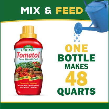 A bottle of Espoma® Organic® Tomato! & Vegetable Food is shown with "Mix & Feed" text. One bottle makes 48 quarts, next to a blue watering can pouring water. Ideal for organic gardening - Photo Courtesy of Espoma®