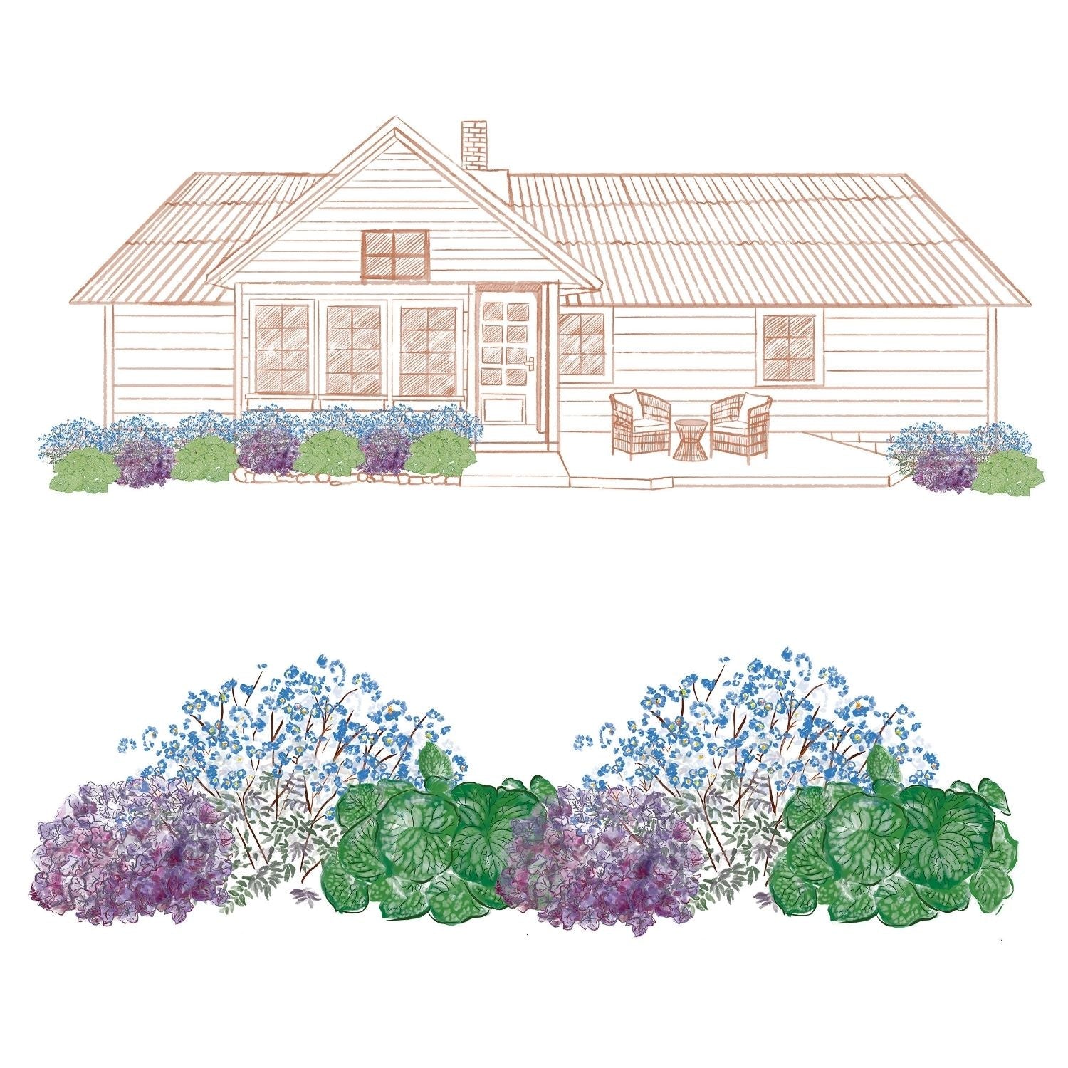 Illustration of a house with a porch and seating, featuring an EZ Scapes™ Deer Proof the Shade #1 Garden Kit in the front yard; green, purple, and blue flowering plants are shown in detail with a close-up view below - Photo Courtesy of Walters Gardens, Inc.