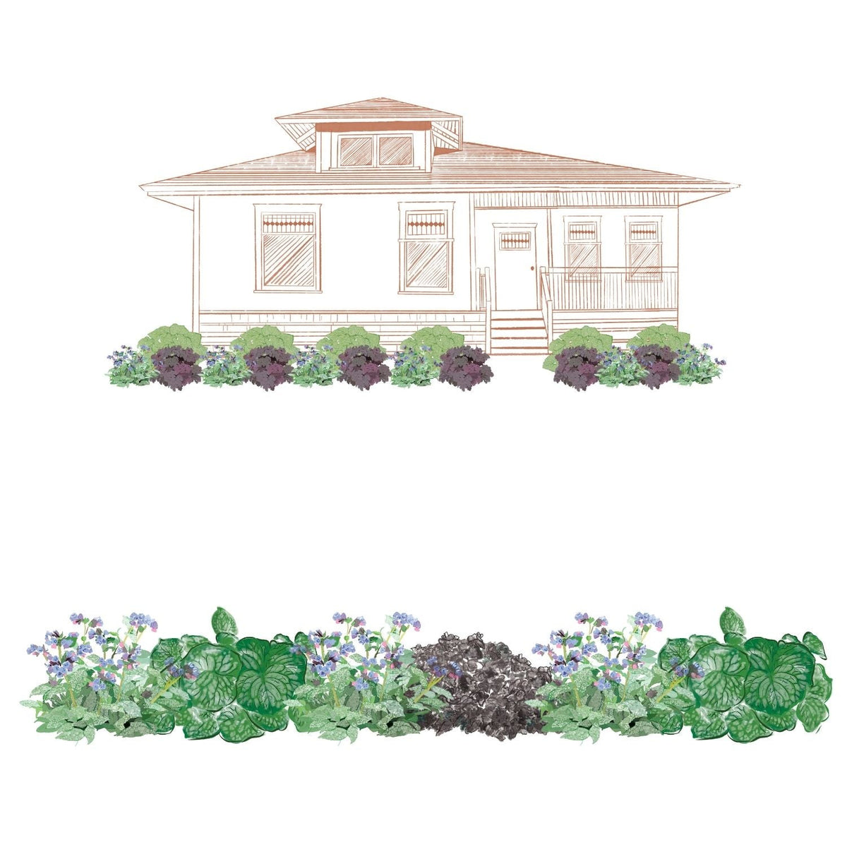 A hand-drawn illustration of a house with a front porch, steps, and lush garden beds featuring the EZ Scapes™ Deer Proof the Shade #2 Garden Kit, filled with green and purple-leafed plants and blue flowers in front of and below the house - Photo Courtesy of Walters Gardens, Inc.