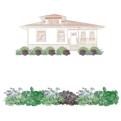 A hand-drawn illustration of a house with a front porch, steps, and lush garden beds featuring the EZ Scapes™ Deer Proof the Shade #2 Garden Kit, filled with green and purple-leafed plants and blue flowers in front of and below the house - Photo Courtesy of Walters Gardens, Inc.