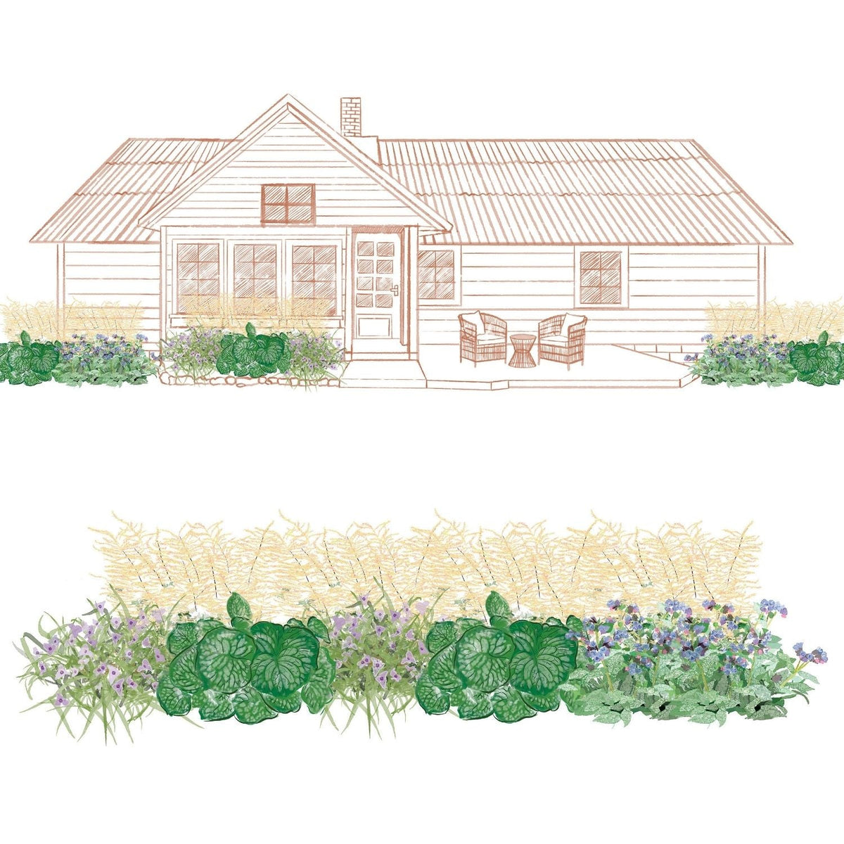 A line drawing of a house with a porch and large windows overlooks a lush garden bed, created with the EZ Scapes™ Fairy Lace Treasure Garden Kit, featuring green foliage, purple and blue flowers, and tall grasses. A close-up of the garden bed is shown below - Photo Courtesy of Walters Gardens, Inc.