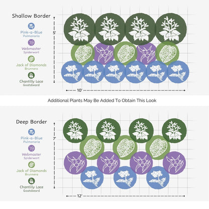 Illustration showing two border planting layouts for EZ Scapes™ Fairy Lace Treasure Garden Kit: a shallow border (10 x 5) and a deep border (12 x 7), each with groups of four labeled plant types in colored circles - Photo Courtesy of Walters Gardens, Inc.