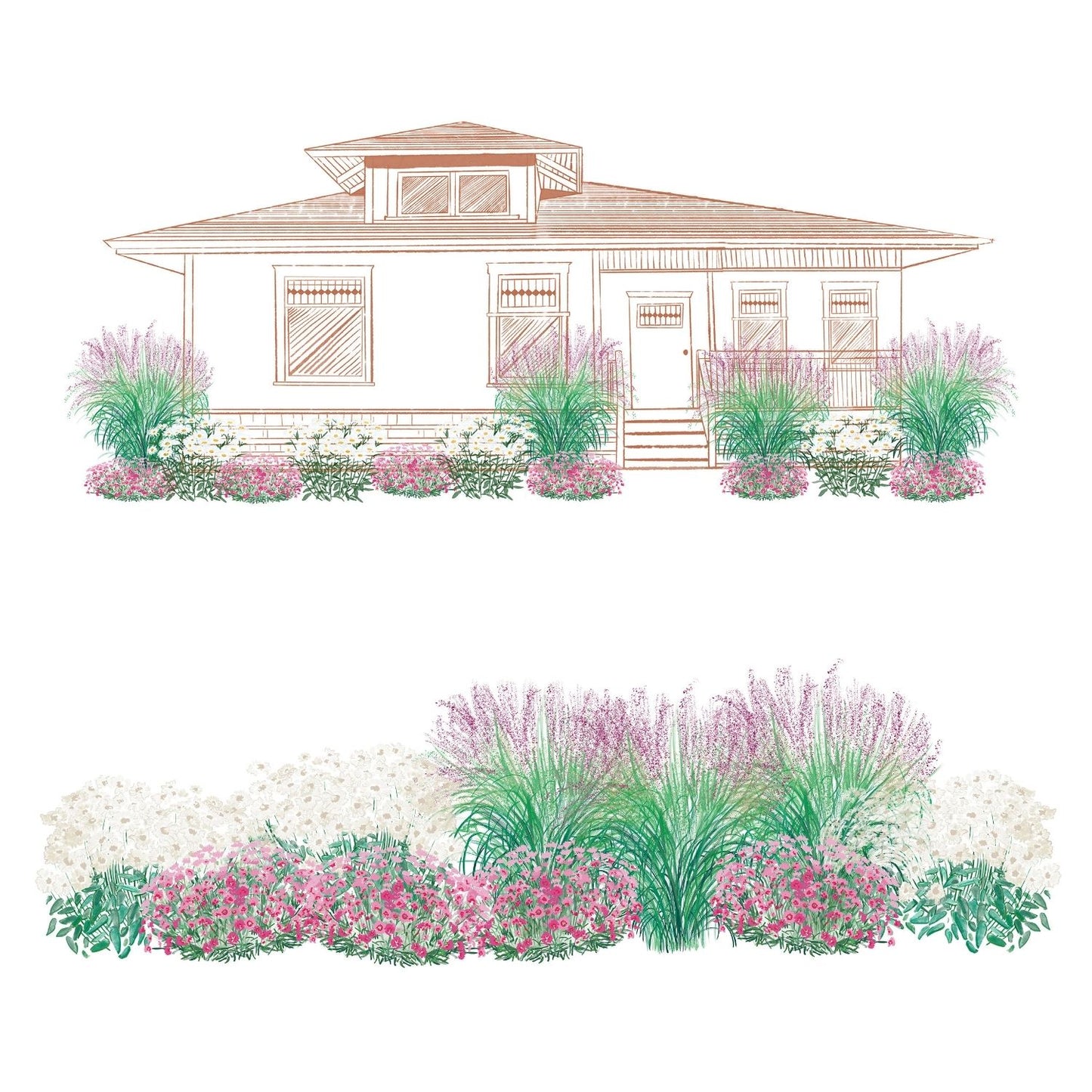 Illustration of a house with a front yard landscaped using the EZ Scapes™ Beat The Heat #2 Garden Kit, featuring drought-tolerant perennials, pink and white flowering plants, and shrubs in decorative curved garden beds - Photo Courtesy of Walters Gardens, Inc.