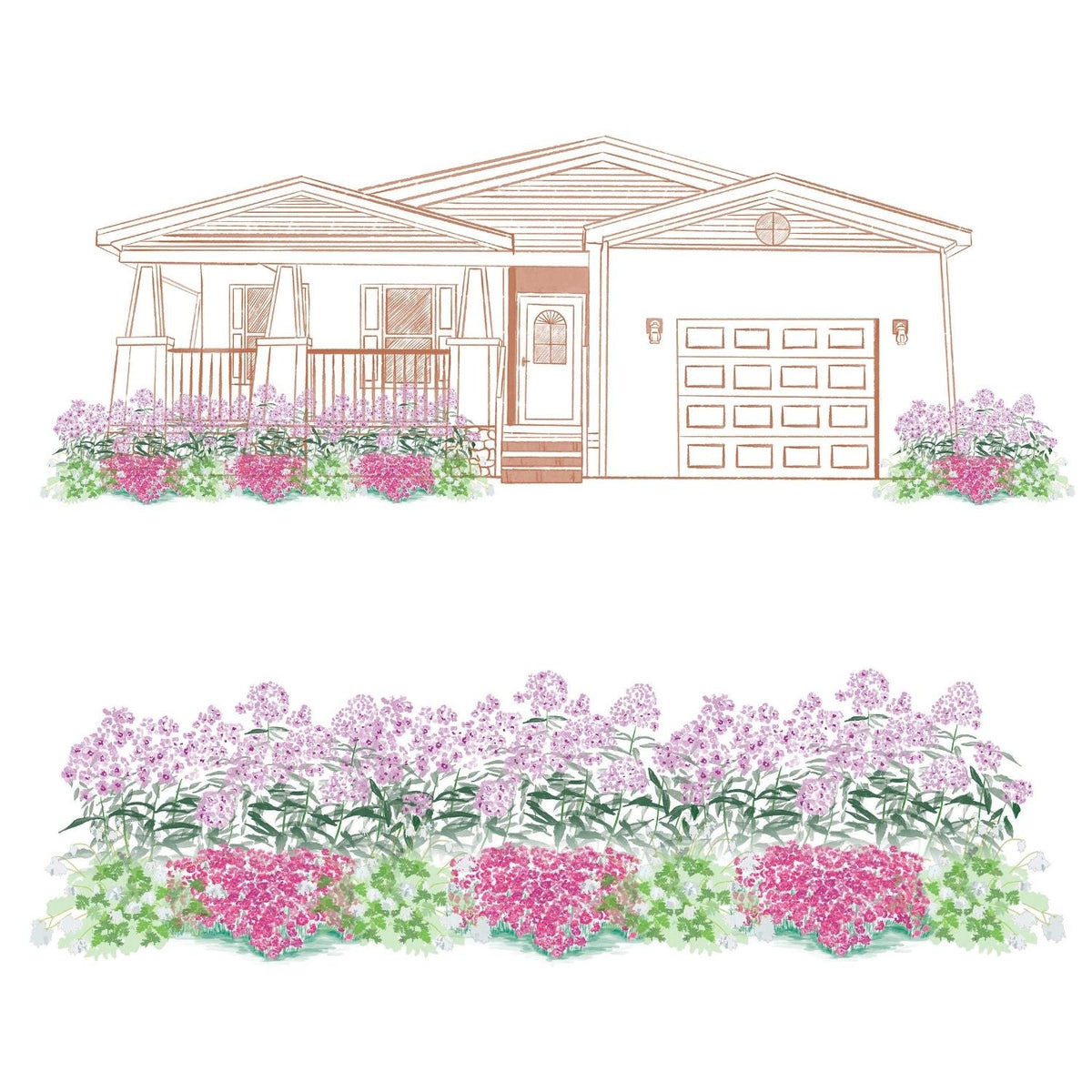 The EZ Scapes™ Bloom & Rebloom Garden Kit features an illustrated house with a porch and garage, surrounded by lush pink and purple flower beds, with close-ups of the vibrant blooms shown below the main image - Photo Courtesy of Walters Gardens, Inc.
