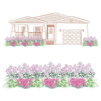 The EZ Scapes™ Bloom & Rebloom Garden Kit features an illustrated house with a porch and garage, surrounded by lush pink and purple flower beds, with close-ups of the vibrant blooms shown below the main image - Photo Courtesy of Walters Gardens, Inc.