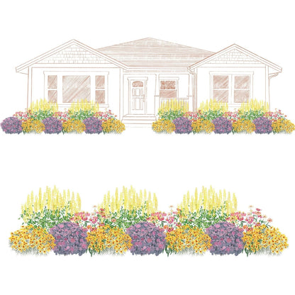 Illustration of a house with landscaped front yard, featuring colorful Designer Threads Coreopsis arranged symmetrically to create a bird-friendly garden using the EZ Scapes™ Bring In The Birds Garden Kit  - Photo Courtesy of Walters Gardens, Inc.