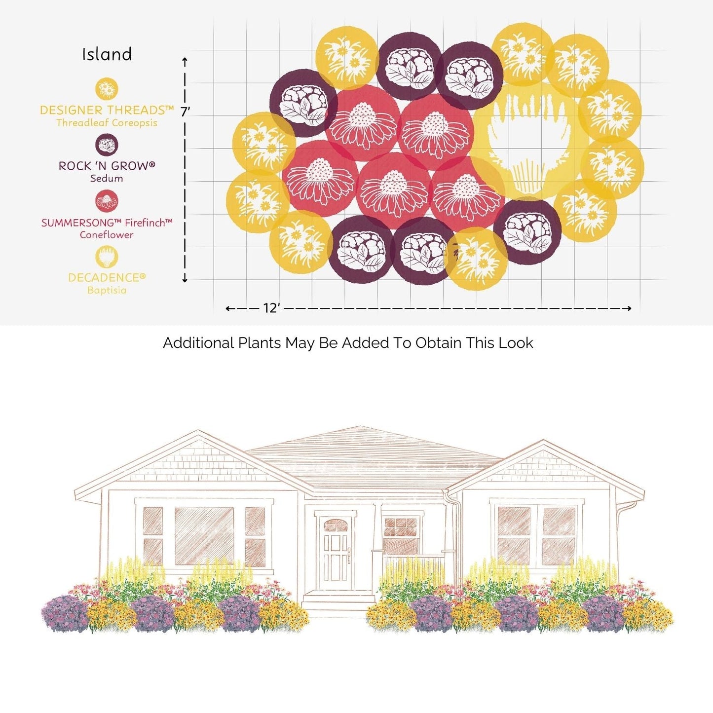 Illustration of a front yard flower bed design with labeled zones featuring Designer Threads Coreopsis, sedum, coneflower, and baptisia from the EZ Scapes™ Bring In The Birds Garden Kit for a bird-friendly garden in front of the house. - Photo Courtesy of Walters Gardens, Inc.