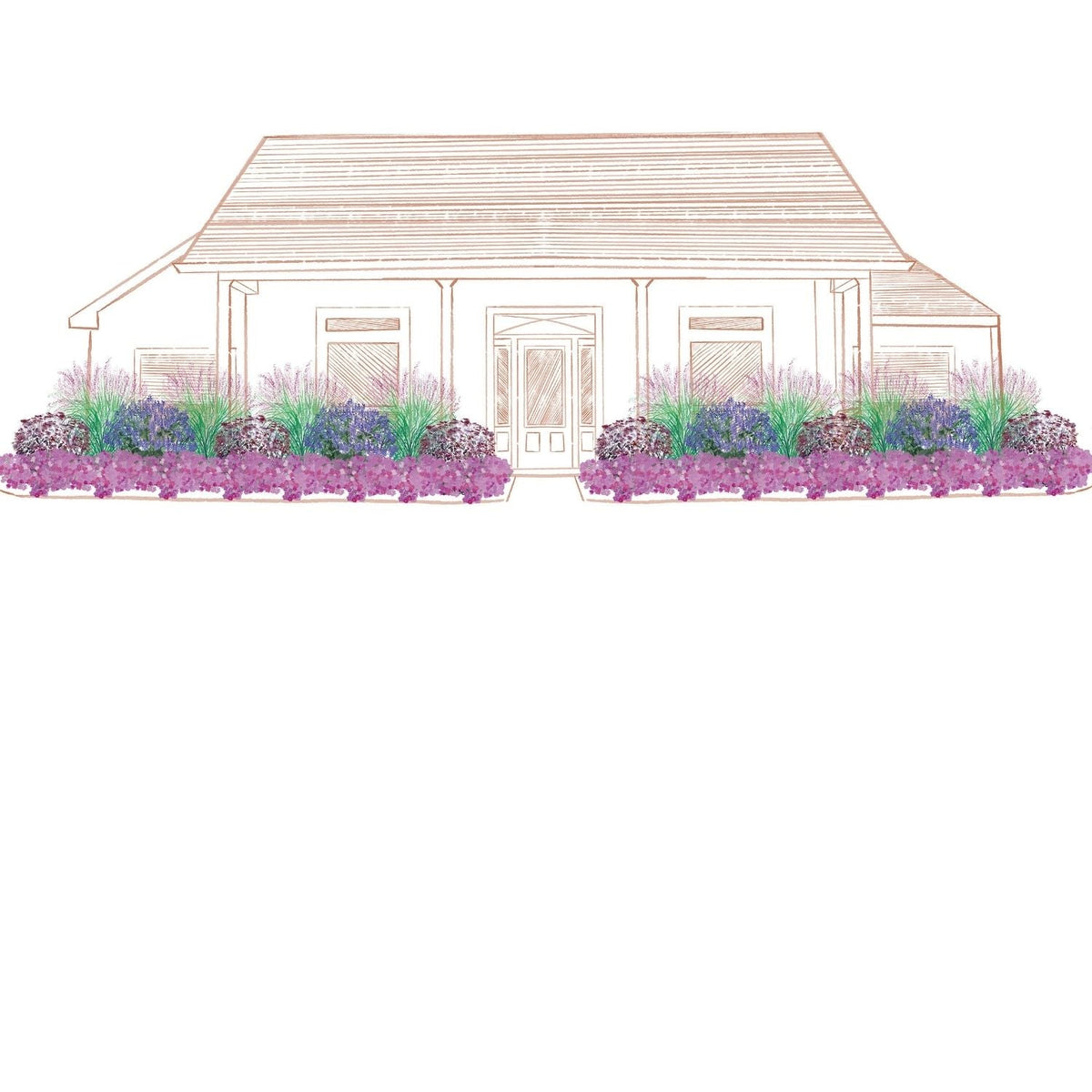 Illustration of a house with front porch and pitched roof, surrounded by landscaping created with the EZ Scapes™ Buzz & Bloom #2 Garden Kit, featuring purple and green flowering plants and shrubs along the front. - Photo Courtesy of Walters Gardens, Inc.
