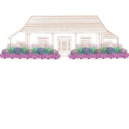 Illustration of a house with front porch and pitched roof, surrounded by landscaping created with the EZ Scapes™ Buzz & Bloom #2 Garden Kit, featuring purple and green flowering plants and shrubs along the front. - Photo Courtesy of Walters Gardens, Inc.
