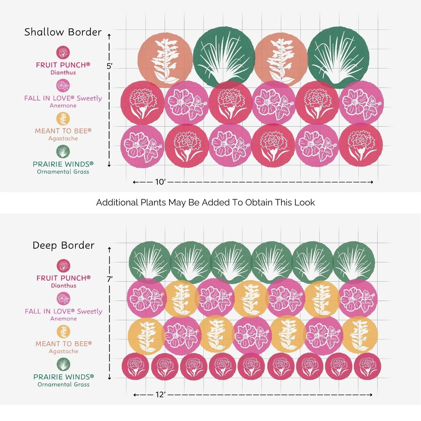 Two garden layout diagrams show the EZ Scapes™ Carolina Heat Tolerant Garden Kit plant arrangements for shallow and deep borders, featuring three flowers in labeled rows with names, colors, and dimensions for each border - Photo Courtesy of Walters Gardens, Inc.