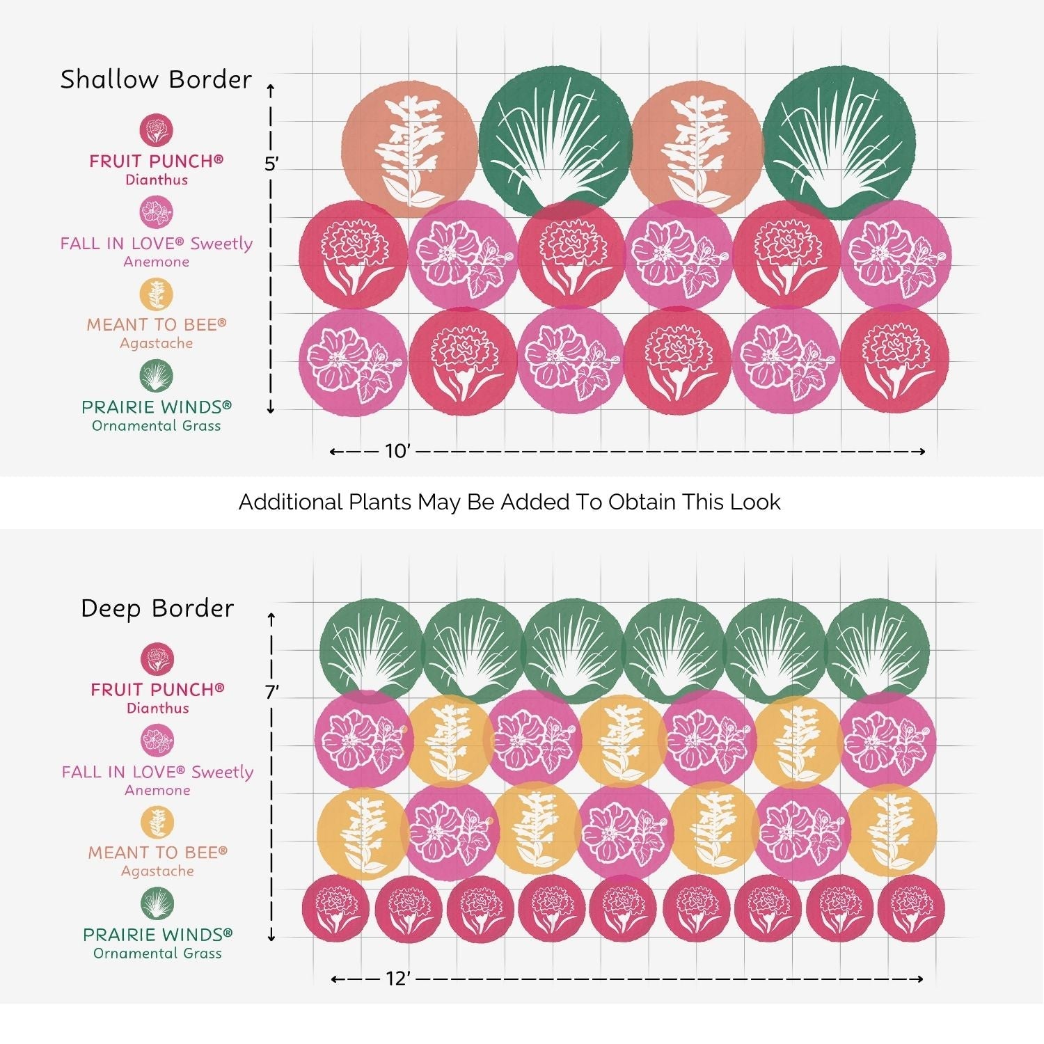 Two garden layout diagrams show the EZ Scapes™ Carolina Heat Tolerant Garden Kit plant arrangements for shallow and deep borders, featuring three flowers in labeled rows with names, colors, and dimensions for each border - Photo Courtesy of Walters Gardens, Inc.