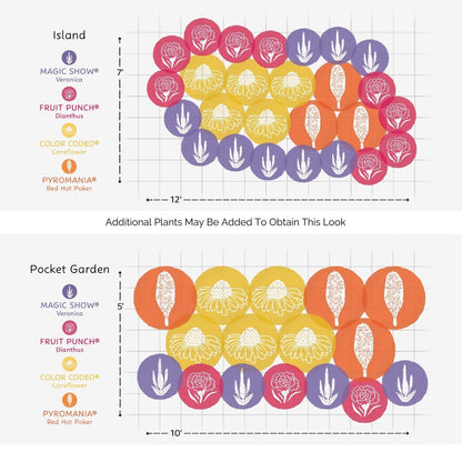 Diagram of two garden layouts—Island (12x7) and Pocket Garden (10x5)—for the EZ Scapes™ Carolina Pollinator Combo Garden Kit, with a plant key and color-coded circles for each featured species - Photo Courtesy of Walters Gardens, Inc.