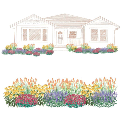 A drawing of a single-story house with a front yard garden planted with the EZ Scapes™ Carolina Pollinator Combo Garden Kit, featuring dense clusters of yellow, orange, red, and purple flowers in landscaped beds - Photo Courtesy of Walters Gardens, Inc.