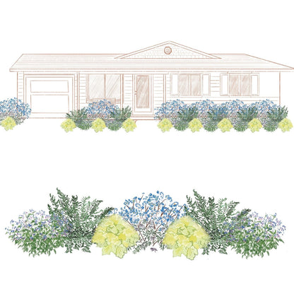 A front elevation of a single-story house with a landscaped shade garden using the EZ Scapes™ Carolina Shade Tolerant Garden Kit, featuring green and blue foliage both in front of the house and as a detailed plant cluster below - Photo Courtesy of Walters Gardens, Inc.