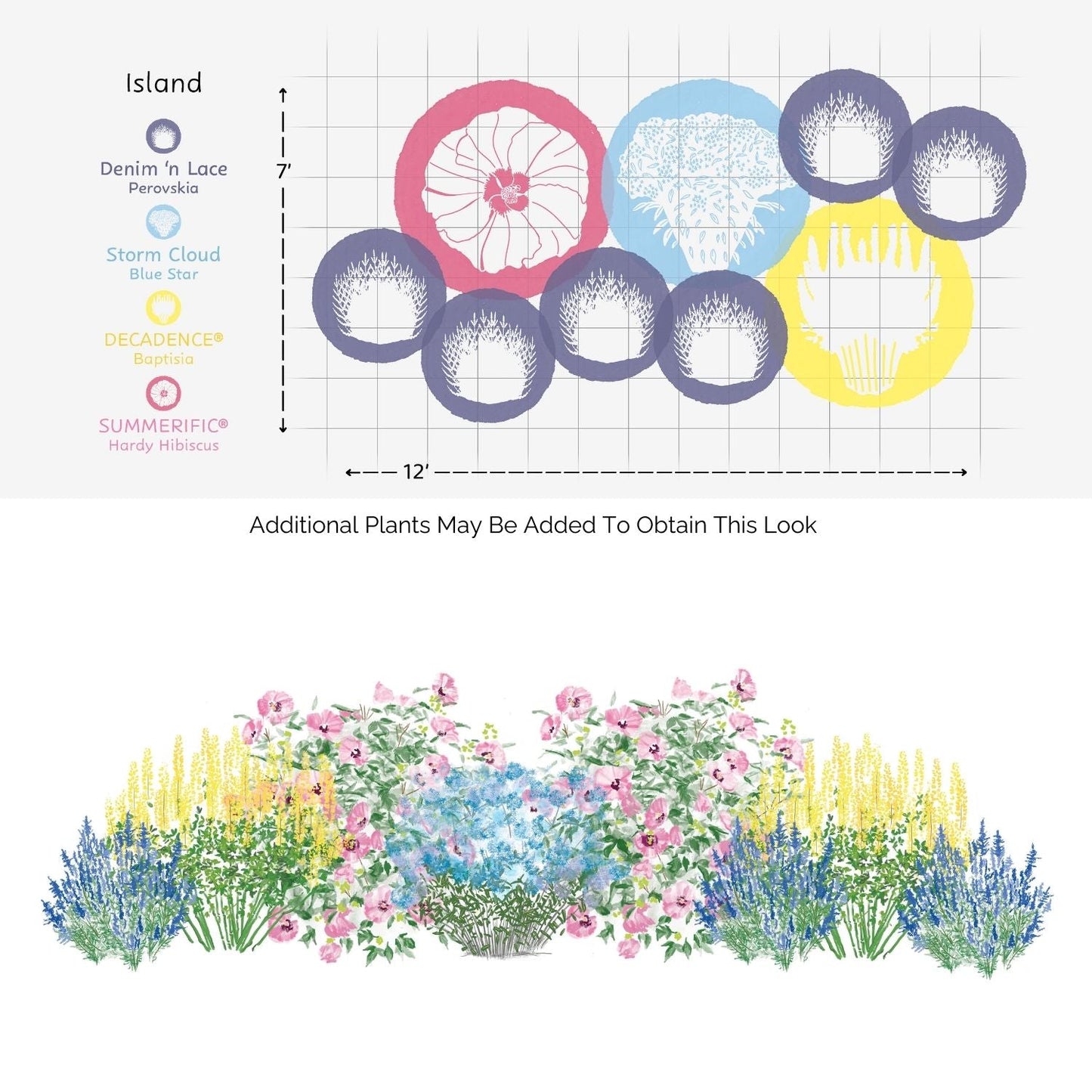 The EZ Scapes™ Clay Soil Solution #1 Garden Kit diagram shows a curved layout with labeled plant circles (blue, yellow, pink), all clay-tolerant. Below is an illustration of the garden in bloom with blue, pink, and yellow flowers - Photo Courtesy of Walters Gardens, Inc.