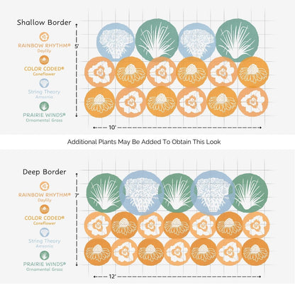 Diagram with two garden border layouts labeled with Rainbow Rhythm Daylily, Color Coded Coneflower, String Theory Amsonia, and Prairie Winds Grass—all part of the EZ Scapes™ Clay Soil Solution #2 Garden Kit, perfect for pollinator gardens or clay soil - Photo Courtesy of Walters Gardens, Inc.