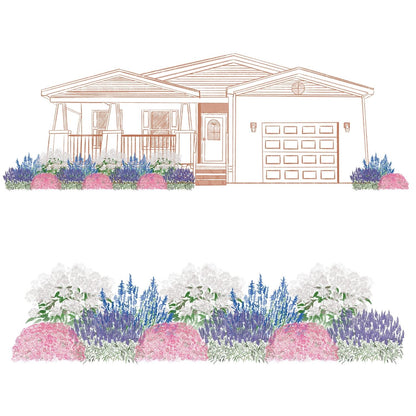 A drawing features a single-story house with a porch and garage, shown with EZ Scapes™ Coastal Combination Garden Kit, displaying landscaped beds of white, pink, purple, and blue flowers. A closeup of the garden bed appears below - Photo Courtesy of Walters Gardens, Inc.