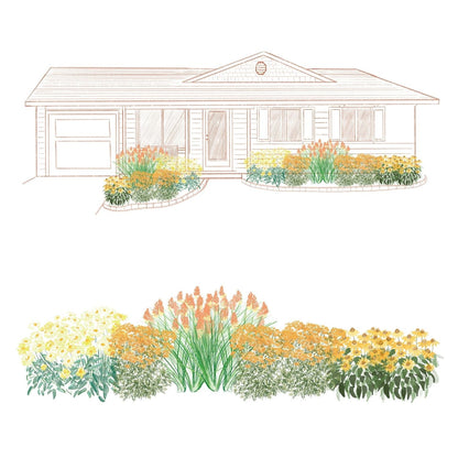 A simple line drawing of a house with a front yard garden planted with the EZ Scapes™ Cut Flower Sunscape Garden Kit; below, a detailed illustration shows the diverse blooming plants from the kit - Photo Courtesy of Walters Gardens, Inc.