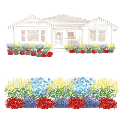 A front yard landscape plan displays a house with garden beds featuring the EZ Scapes™ Deer Resistant Sunscape #3 Garden Kit, with clusters of yellow, blue, purple, and red flowering shrubs arranged along the walkway - Photo Courtesy of Walters Gardens, Inc.