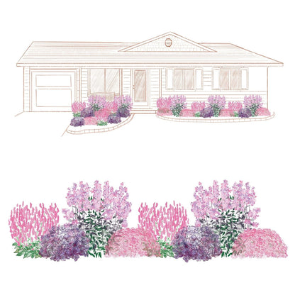 Illustration of a single-story house with pink and purple pollinator flower beds. Below is a close-up of the colorful landscaping, created using the EZ Scapes™ Dry Space Filler #2 Garden Kit - Photo Courtesy of Walters Gardens, Inc.