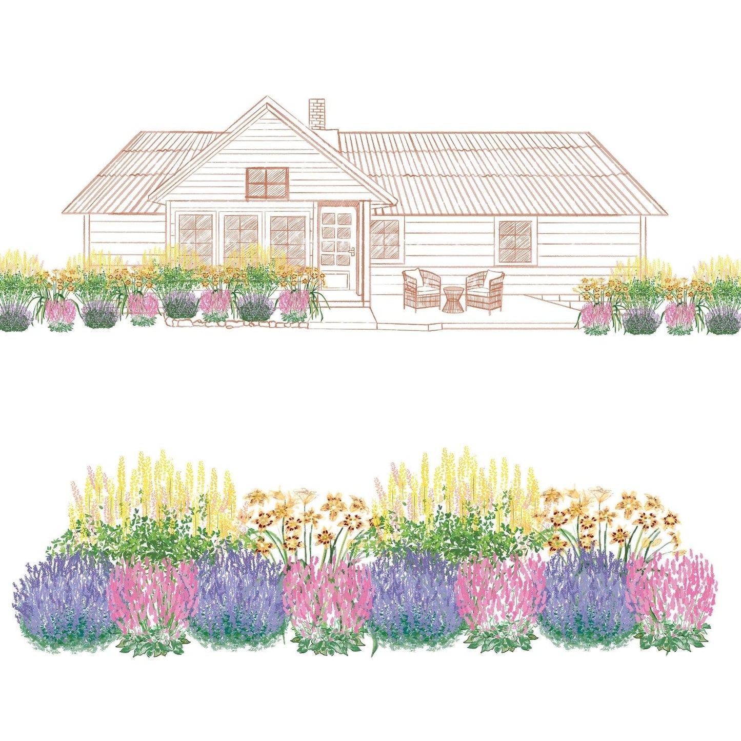 Illustration of a house with a front yard garden planted with the EZ Scapes™ Dry Space Filler #3 Garden Kit, showcasing colorful, drought-tolerant perennials for pollinators and a patio with outdoor chairs - Photo Courtesy of Walters Gardens, Inc.
