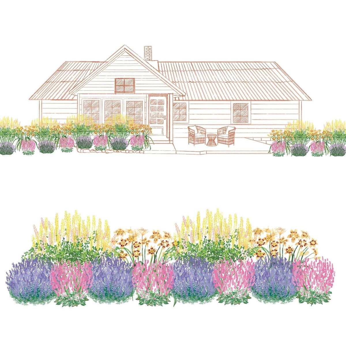 Illustration of a house with a front yard garden planted with the EZ Scapes™ Dry Space Filler #3 Garden Kit, showcasing colorful, drought-tolerant perennials for pollinators and a patio with outdoor chairs - Photo Courtesy of Walters Gardens, Inc.
