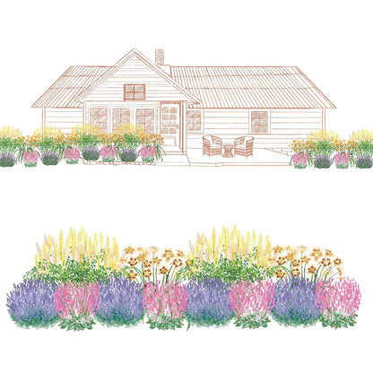 Illustration of a house with a front yard garden planted with the EZ Scapes™ Dry Space Filler #3 Garden Kit, showcasing colorful, drought-tolerant perennials for pollinators and a patio with outdoor chairs - Photo Courtesy of Walters Gardens, Inc.
