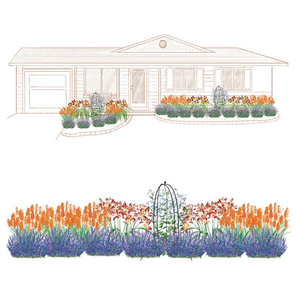 Illustration of a house with a front garden bed planted using the EZ Scapes™ Flower Power #2 Garden Kit, featuring purple, orange, and red flowers, green shrubs, and a decorative metal trellis. A detailed flower bed view is shown below - Photo Courtesy of Walters Gardens, Inc.