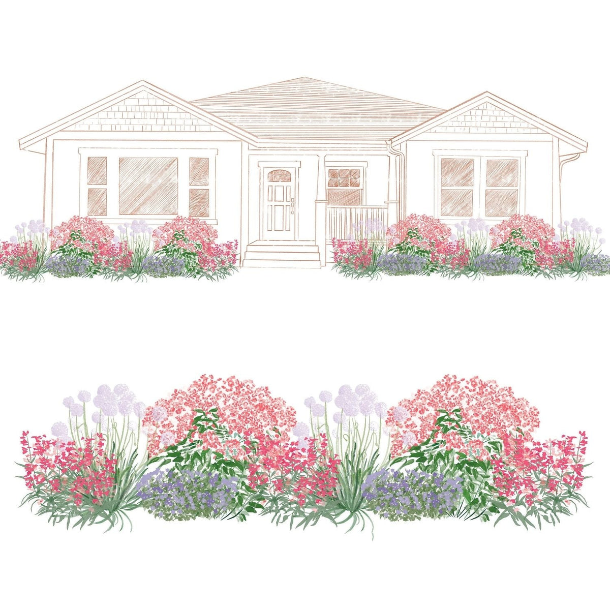 A sketch of a single-story house with a front garden bed planted with EZ Scapes™ Flower Power #3 Garden Kit; a close-up illustration highlights the kit's pink, purple, and green flowering plants below the house. - Photo Courtesy of Walters Gardens, Inc.
