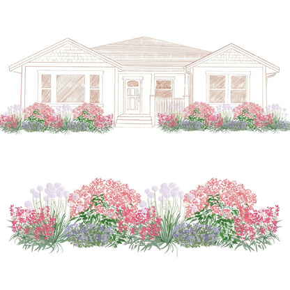 A sketch of a single-story house with a front garden bed planted with EZ Scapes™ Flower Power #3 Garden Kit; a close-up illustration highlights the kit's pink, purple, and green flowering plants below the house. - Photo Courtesy of Walters Gardens, Inc.
