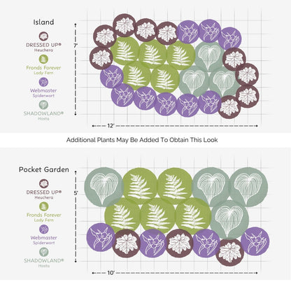 Two planting diagrams show Island (7x12) and Pocket Garden (5x10) layouts using EZ Scapes™ Foliage Friendly Shadescape #2 Garden Kit, featuring Heuchera, Lady Fern, Spiderwort, and Hosta marked with colored icons - Photo Courtesy of Walters Gardens, Inc.