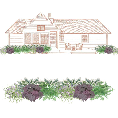 A sketch of a house with a front garden planted using the EZ Scapes™ Foliage Friendly Shadescape #2 Garden Kit, showing diverse green plants and purple-leaved shrubs, plus a detailed close-up of the same garden bed - Photo Courtesy of Walters Gardens, Inc.