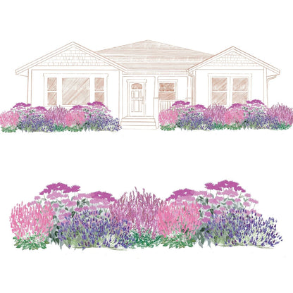 EZ Scapes™ Garden Fragrance Garden Kit: Illustration of a house with a colorful front yard, showing clusters of pink, purple, and lavender flowers densely planted along the house and in a close-up view - Photo Courtesy of Walters Gardens, Inc.