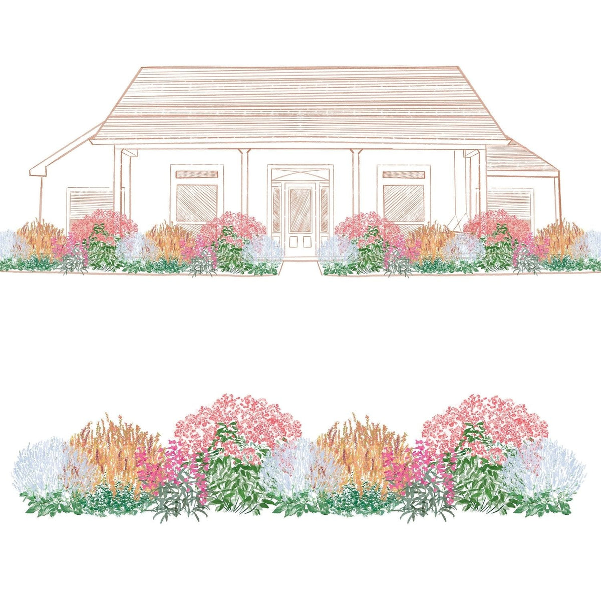 A line drawing of a house features the EZ Scapes™ Hummingbird Attractor Garden Kit, with clusters of pink, blue, orange, and green plants and flowers arranged symmetrically along the facade and shown separately below - Photo Courtesy of Walters Gardens, Inc.