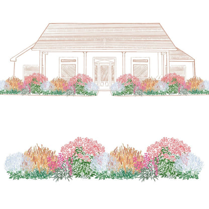 A line drawing of a house features the EZ Scapes™ Hummingbird Attractor Garden Kit, with clusters of pink, blue, orange, and green plants and flowers arranged symmetrically along the facade and shown separately below - Photo Courtesy of Walters Gardens, Inc.