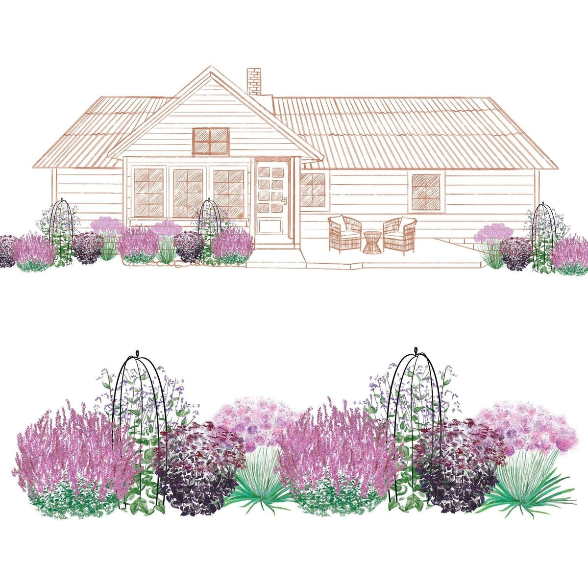 A sketch shows a house with a front garden full of lush purple, pink, and green plants from the EZ Scapes™ Late Season Sunscape Garden Kit and black trellises. A close-up highlights the detailed garden design - Photo Courtesy of Walters Gardens, Inc.