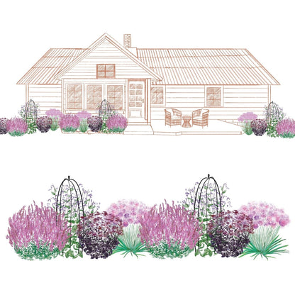 A sketch shows a house with a front garden full of lush purple, pink, and green plants from the EZ Scapes™ Late Season Sunscape Garden Kit and black trellises. A close-up highlights the detailed garden design - Photo Courtesy of Walters Gardens, Inc.