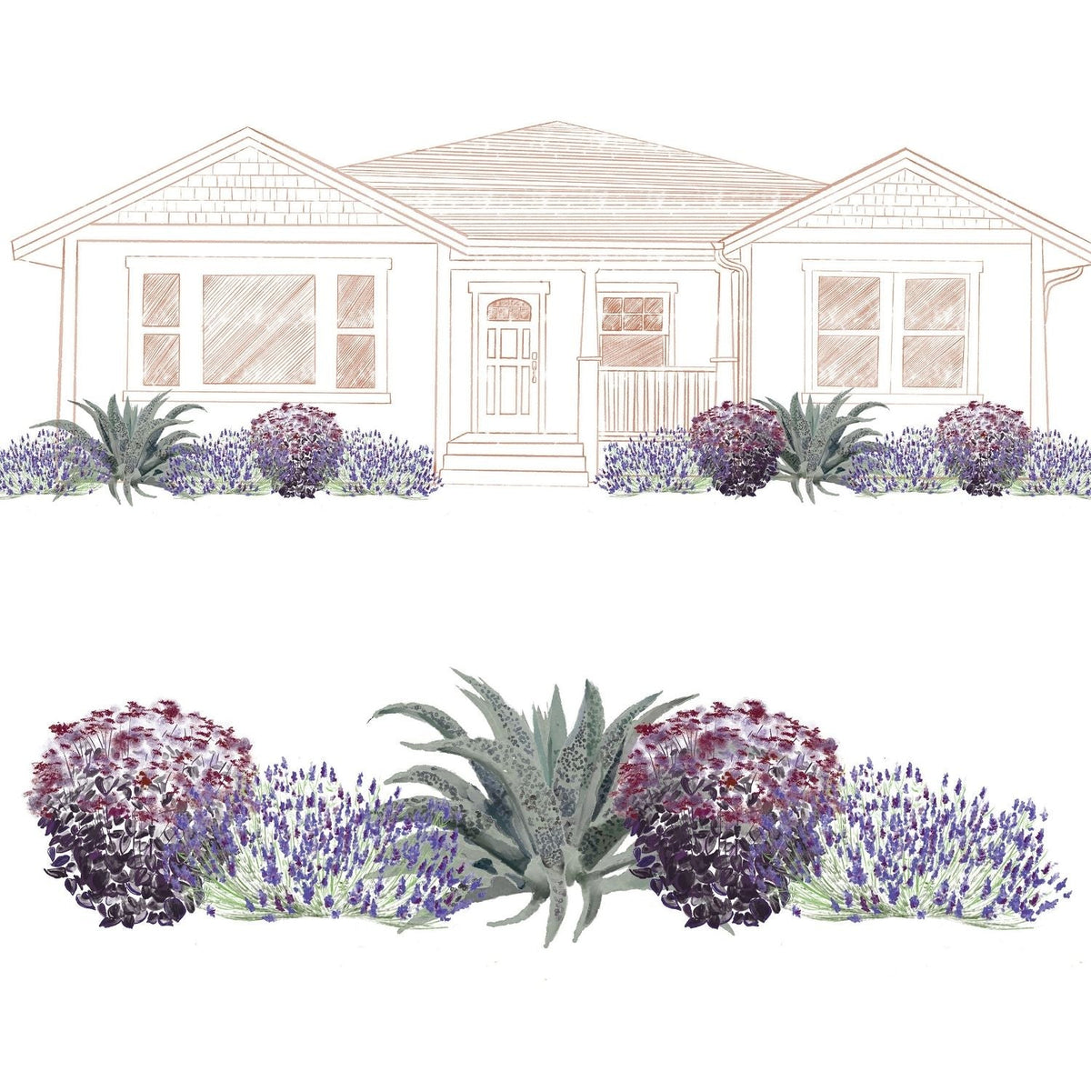 A front yard landscape design features the EZ Scapes™ Low Water Needs Garden Kit, displaying clusters of purple and lavender flowers, ornamental grasses, and green agave near the porch and windows - Photo Courtesy of Walters Gardens, Inc.
