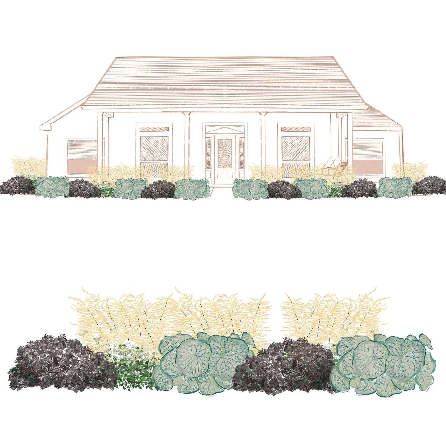 A line drawing of a house with a front yard garden, featuring clusters of perennial shade plants from the EZ Scapes™ Made for the Shade #2 Garden Kit in shades of green and gray along the front porch and windows. - Photo Courtesy of Walters Gardens, Inc.
