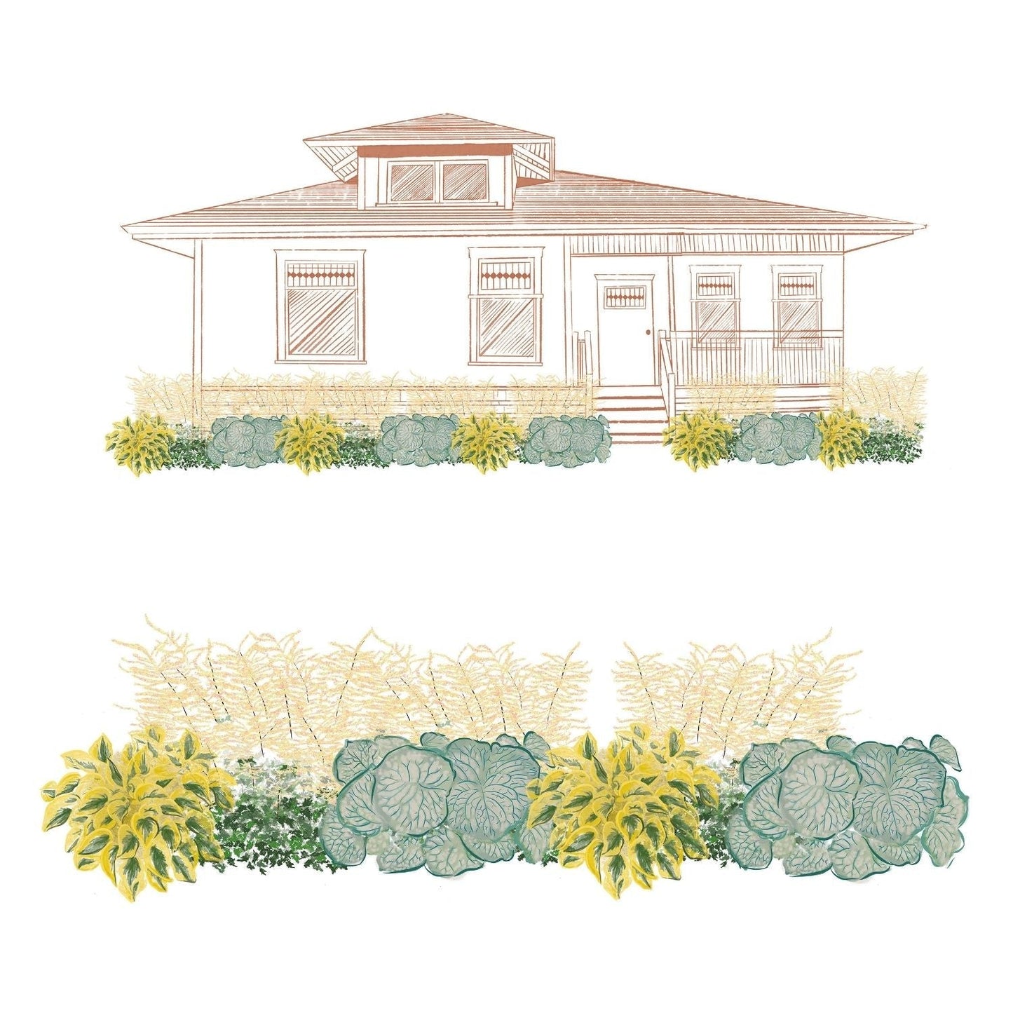 Illustration of a single-story house with a porch and landscaped plants. The lower image highlights a shade garden featuring green and yellow foliage from the EZ Scapes™ Made for the Shade #3 Garden Kit in front of the house. - Photo Courtesy of Walters Gardens, Inc.