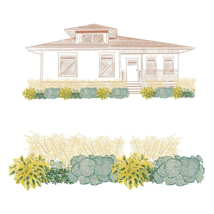 Illustration of a single-story house with a porch and landscaped plants. The lower image highlights a shade garden featuring green and yellow foliage from the EZ Scapes™ Made for the Shade #3 Garden Kit in front of the house. - Photo Courtesy of Walters Gardens, Inc.