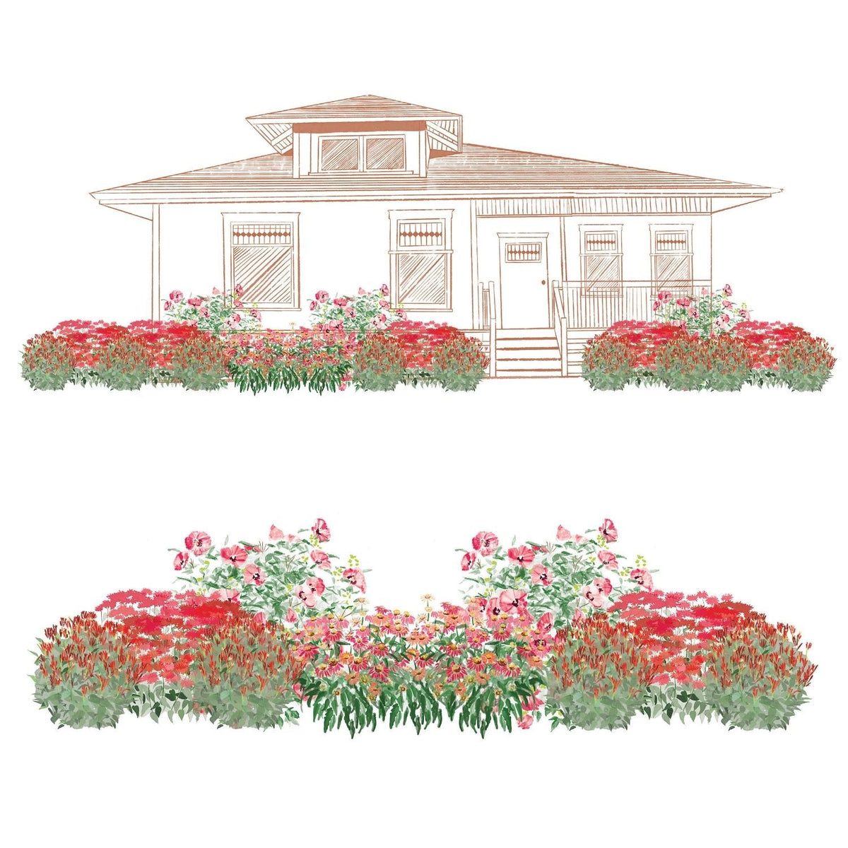Front view illustration of a house with porch, featuring the EZ Scapes™ Native Roots in the Mid-Atlantic Garden Kit—red, pink, and green flowering plants fill garden beds in a straight-on garden view. - Photo Courtesy of Walters Gardens, Inc.