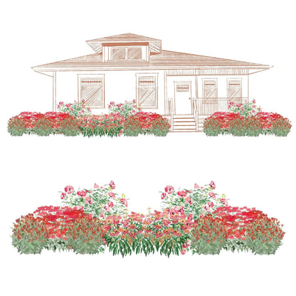 Front view illustration of a house with porch, featuring the EZ Scapes™ Native Roots in the Mid-Atlantic Garden Kit—red, pink, and green flowering plants fill garden beds in a straight-on garden view. - Photo Courtesy of Walters Gardens, Inc.
