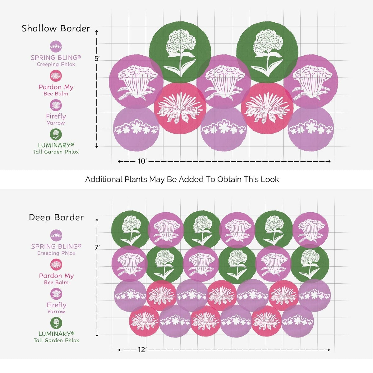 Illustration shows two garden border layouts, Shallow and Deep, using the EZ Scapes™ Native Roots in the Northeast Garden Kit's four flowering plants in color-coded circles, with plant heights and arrangement tips for borders. - Photo Courtesy of Walters Gardens, Inc.