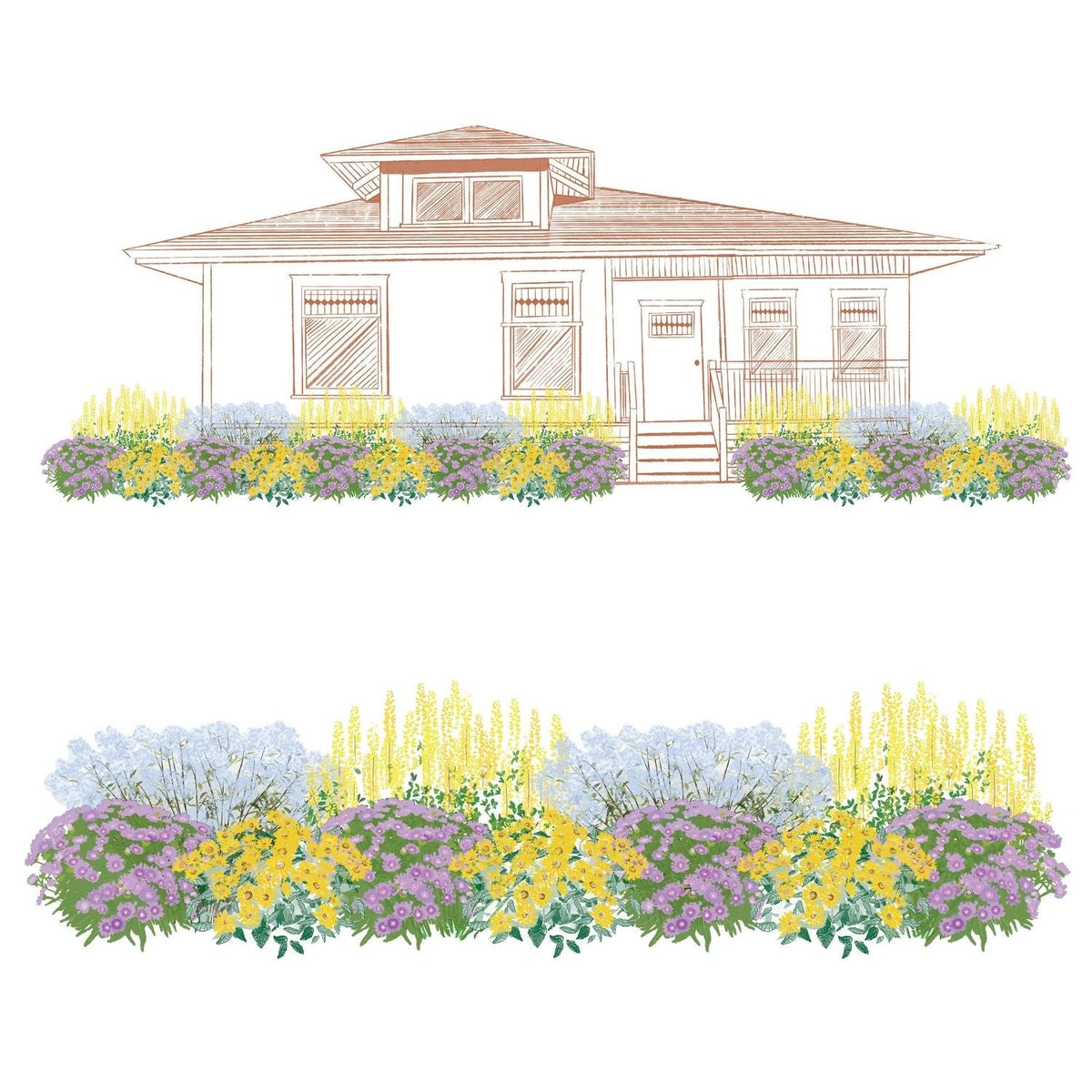 Illustration of a house with a landscaped garden using the EZ Scapes™ Native Roots in the Southeast Garden Kit, featuring symmetrical clusters of yellow, purple, and light blue blooms along the house base and in a front-facing view. - Photo Courtesy of Walters Gardens, Inc.